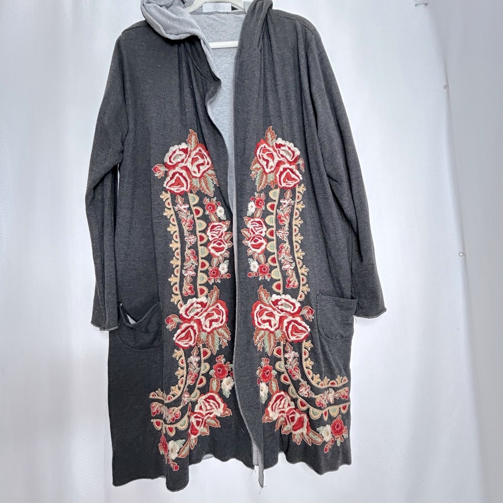Daniala long jacket large gray embroidered Scandinavia floral hooded
